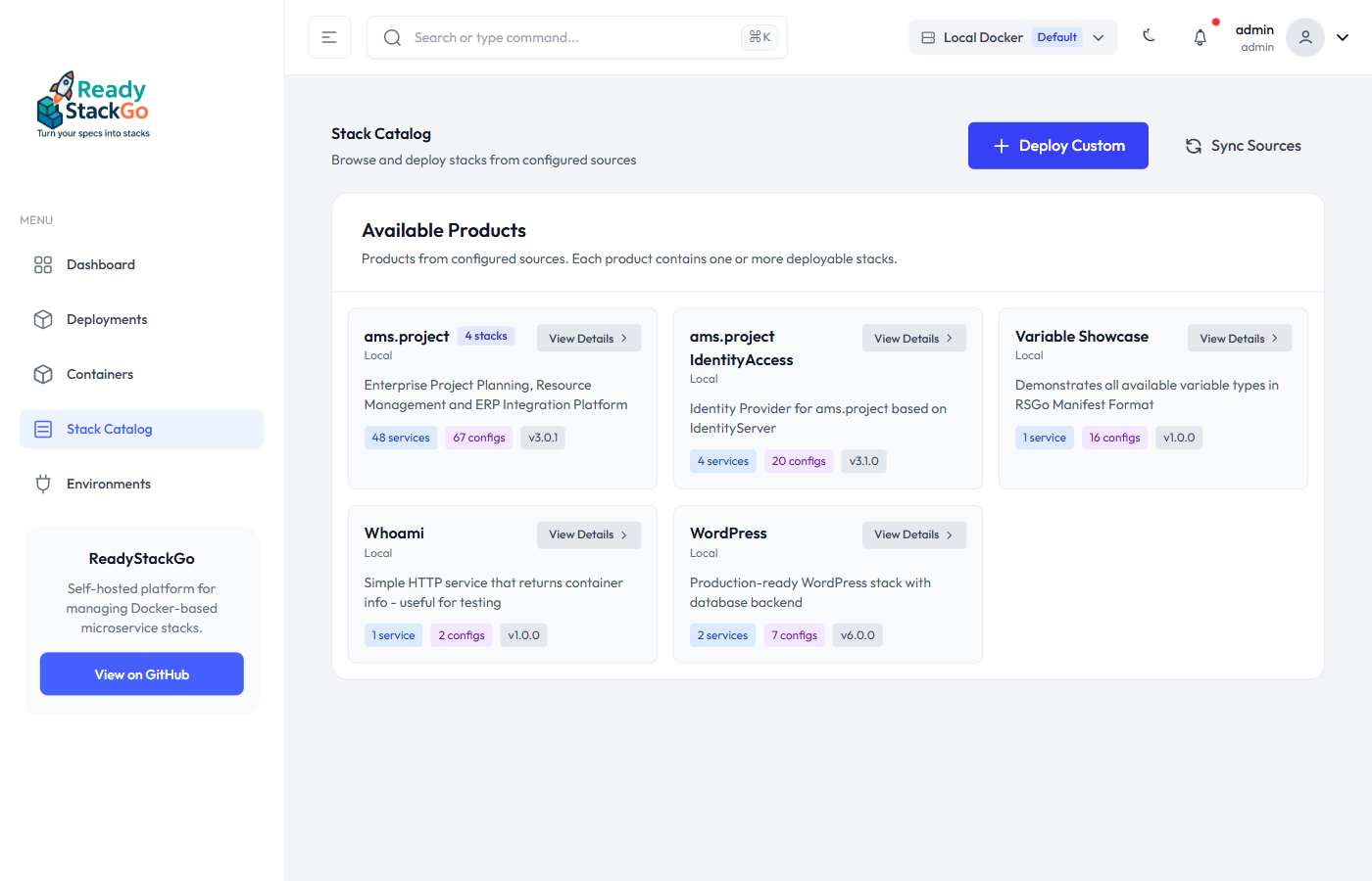 Stack Catalog mit verfügbaren Produkten