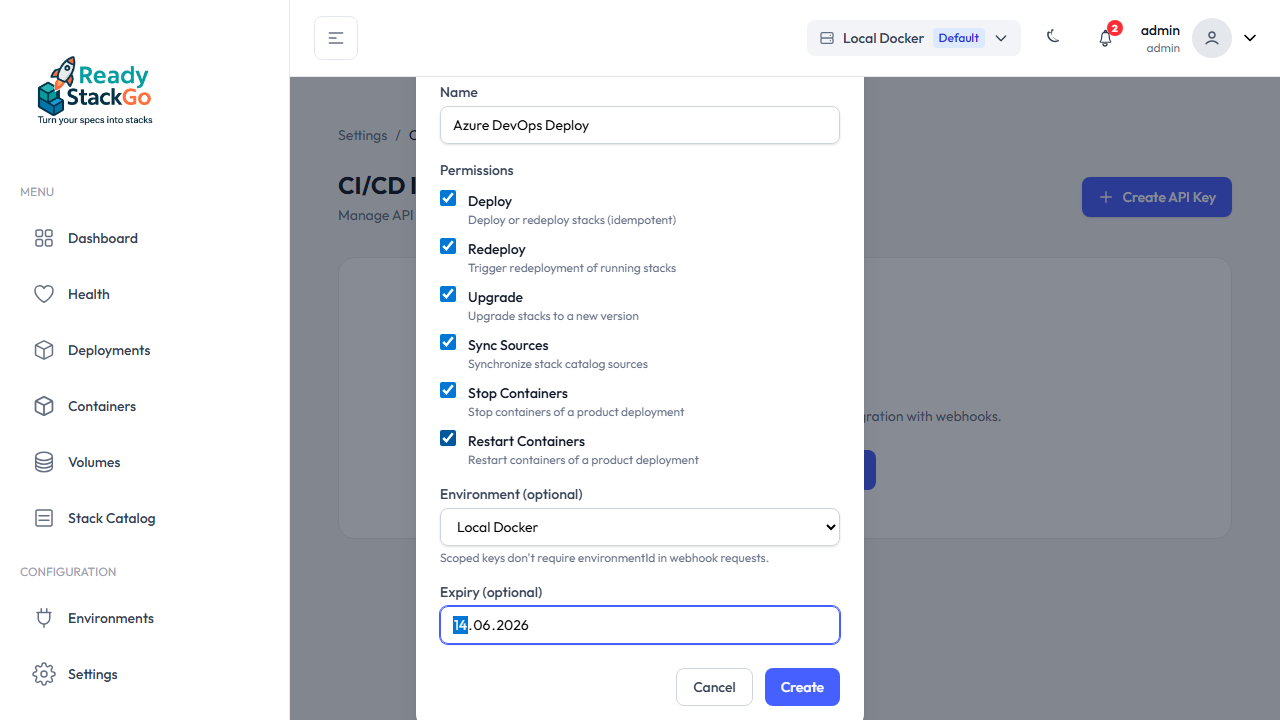 Create API Key Modal mit ausgefülltem Formular