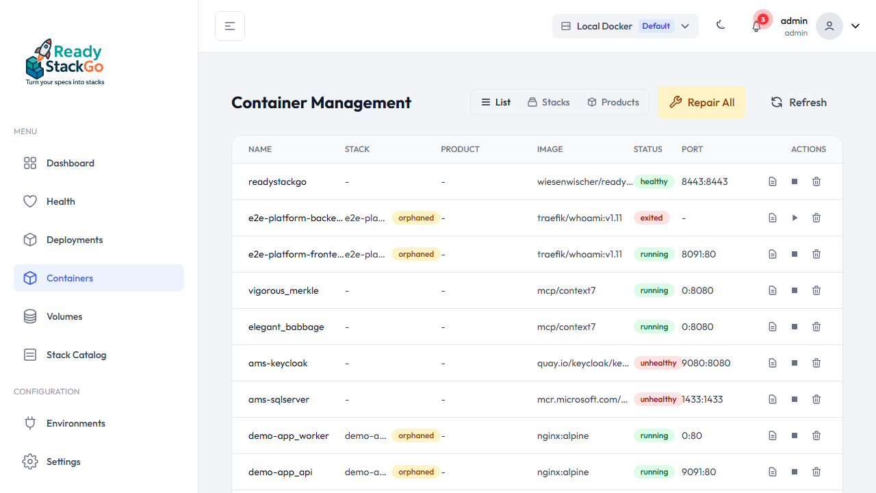 Container-Management Listenansicht