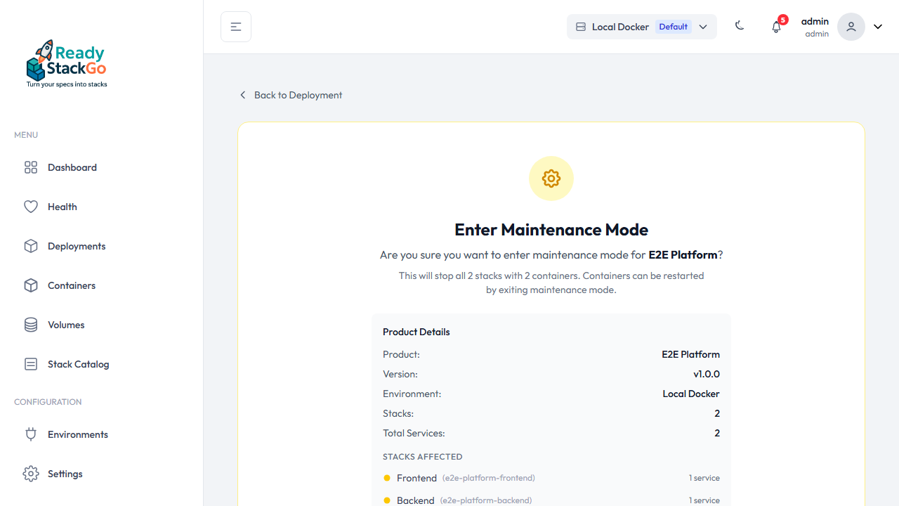 Enter Maintenance Bestätigungsseite mit Stack-Vorschau