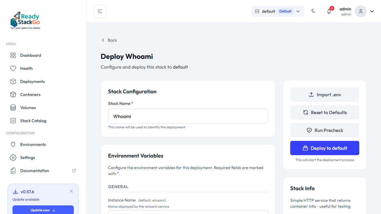 Deploy-Seite mit Stack-Konfiguration