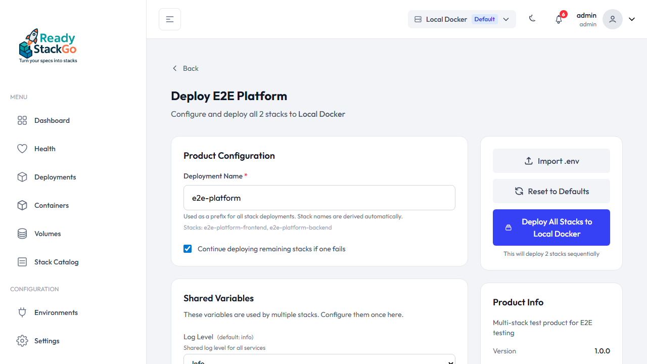 Deployment-Konfigurationsseite mit Shared Variables und Stack-Konfiguration