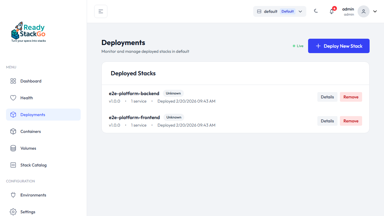 Deployments-Seite mit den deployed Product Stacks