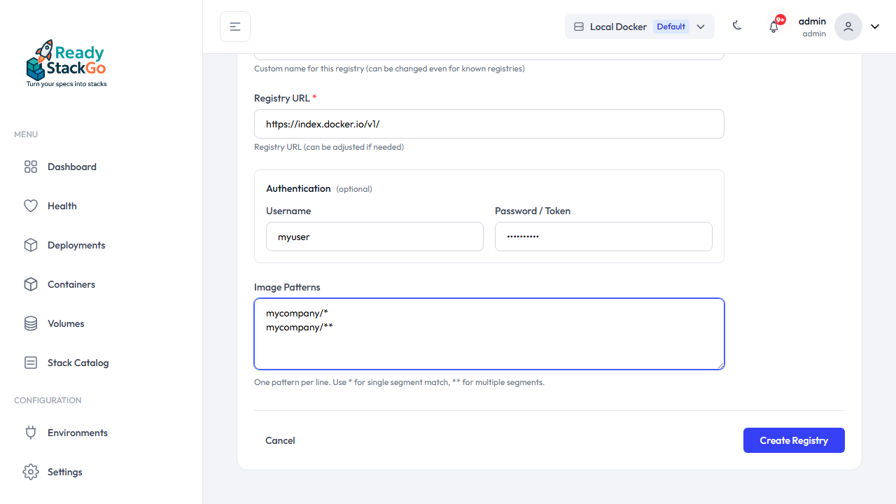 Registry-Formular mit Docker Hub und Credentials ausgefüllt