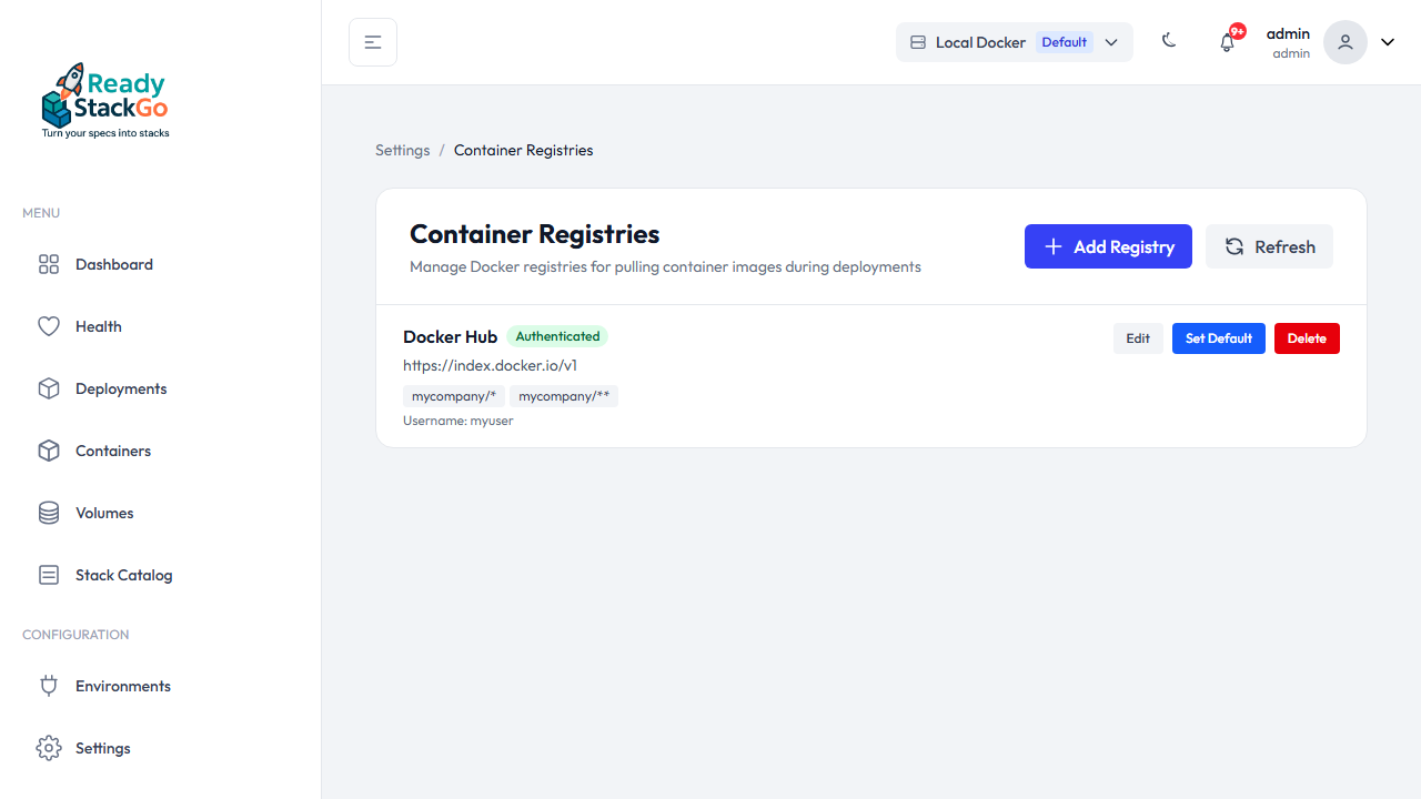Registry-Liste mit neu angelegter Docker Hub Registry