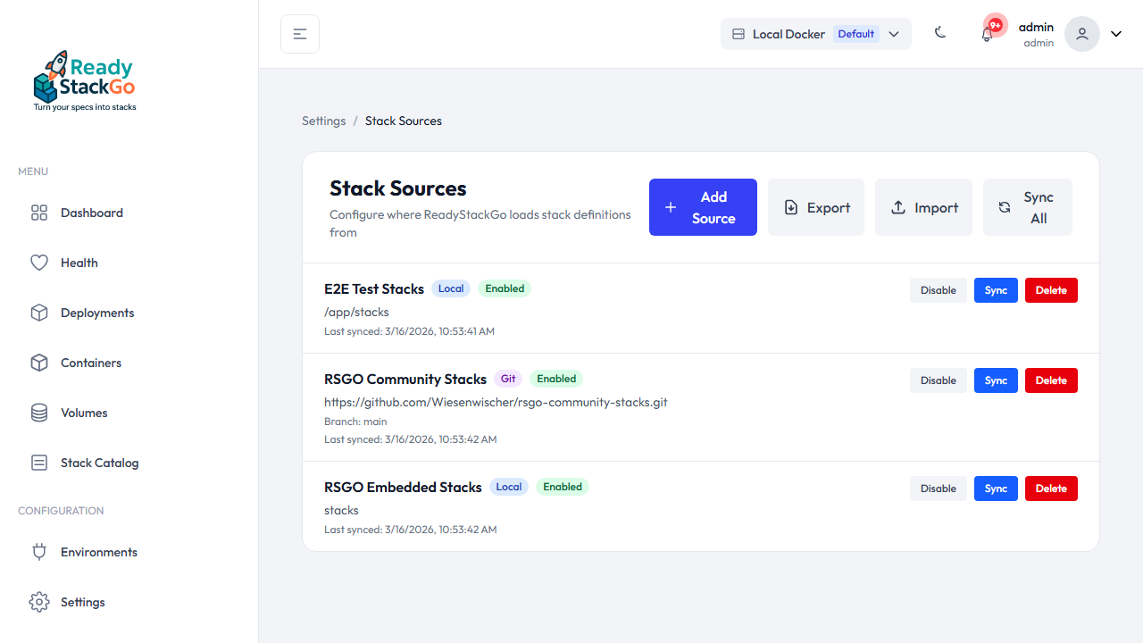 Stack Sources Übersichtsseite mit Aktions-Buttons