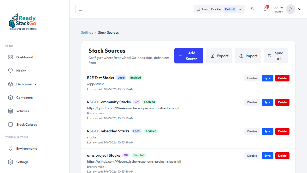 Export und Import Buttons in der Quellen-Übersicht